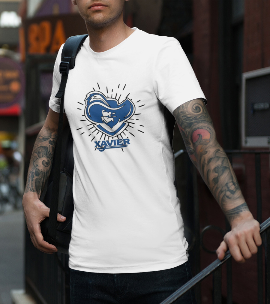 Xavier Musketeer Bold Blue Emblem With Radiating Lines T-Shirt