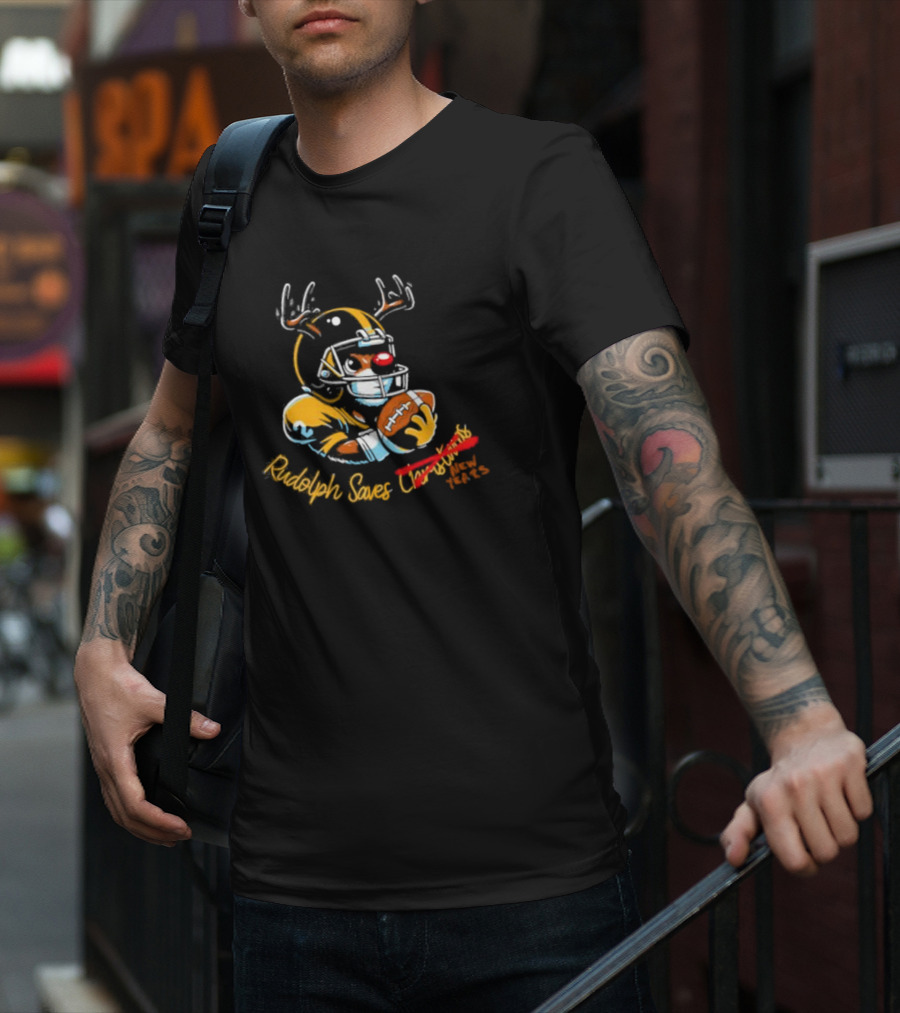 Rudolph Saves New Years Football Reindeer Helmets T-Shirt