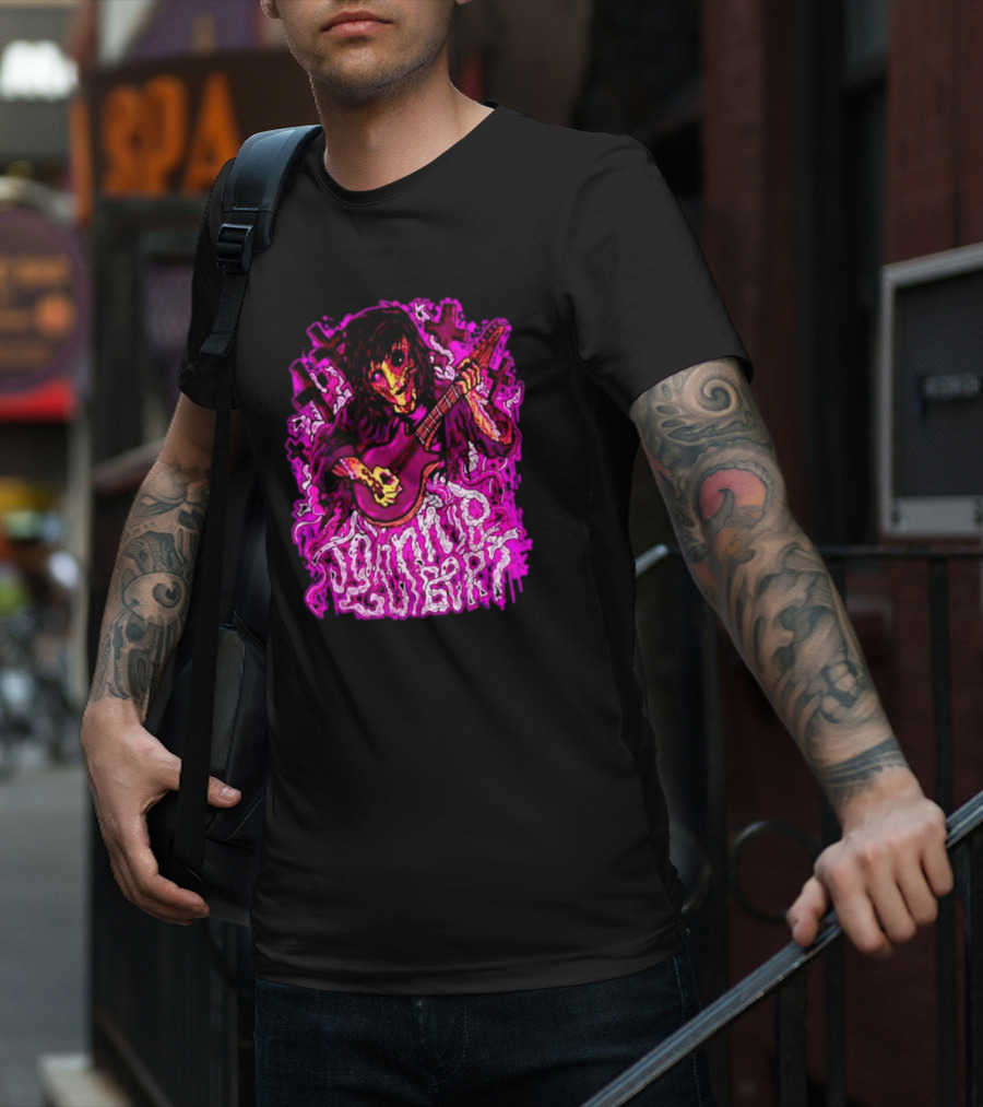 Zombie Johnnie Guilbert Playing Guitar With Purple Light And Crosses Background T-Shirt