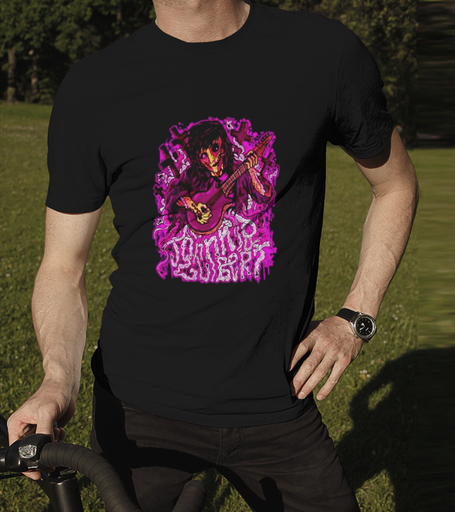 Zombie Johnnie Guilbert Playing Guitar With Purple Light And Crosses Background T-Shirt