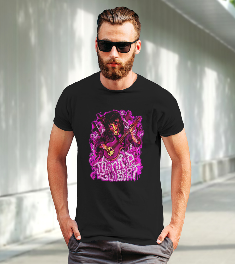 Zombie Johnnie Guilbert Playing Guitar With Purple Light And Crosses Background T-Shirt