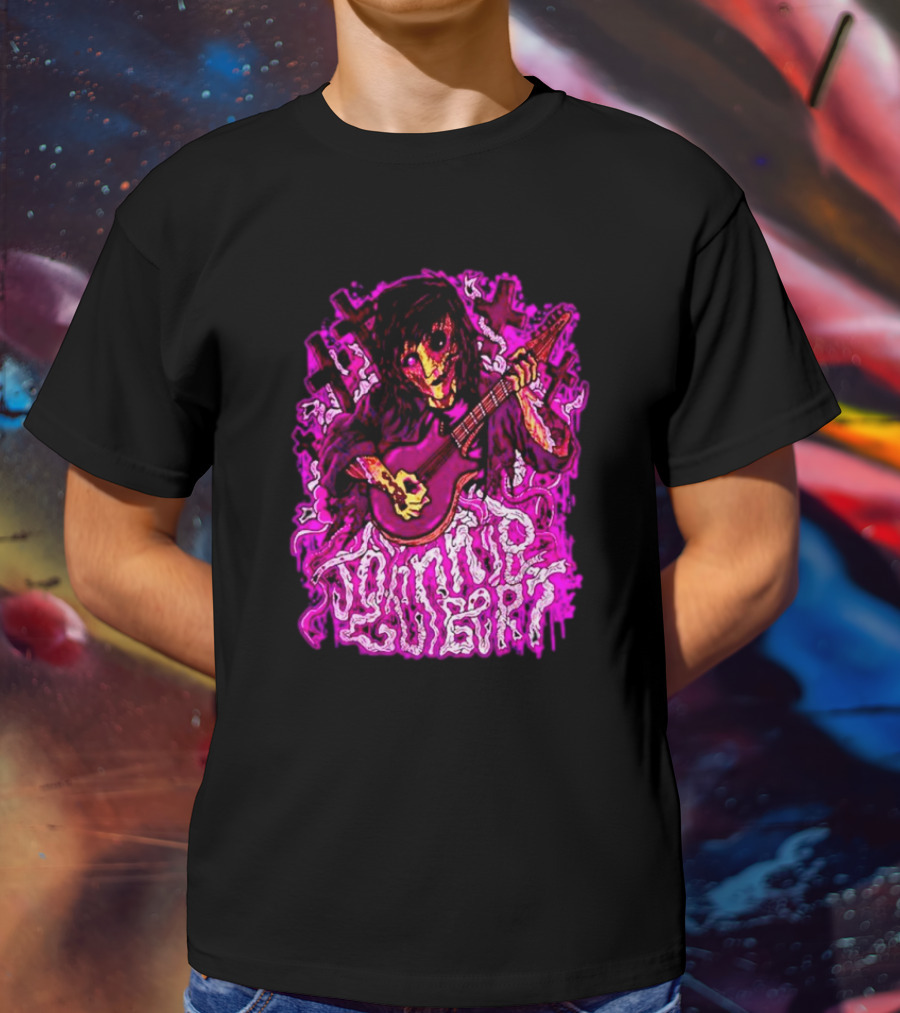 Zombie Johnnie Guilbert Playing Guitar With Purple Light And Crosses Background T-Shirt
