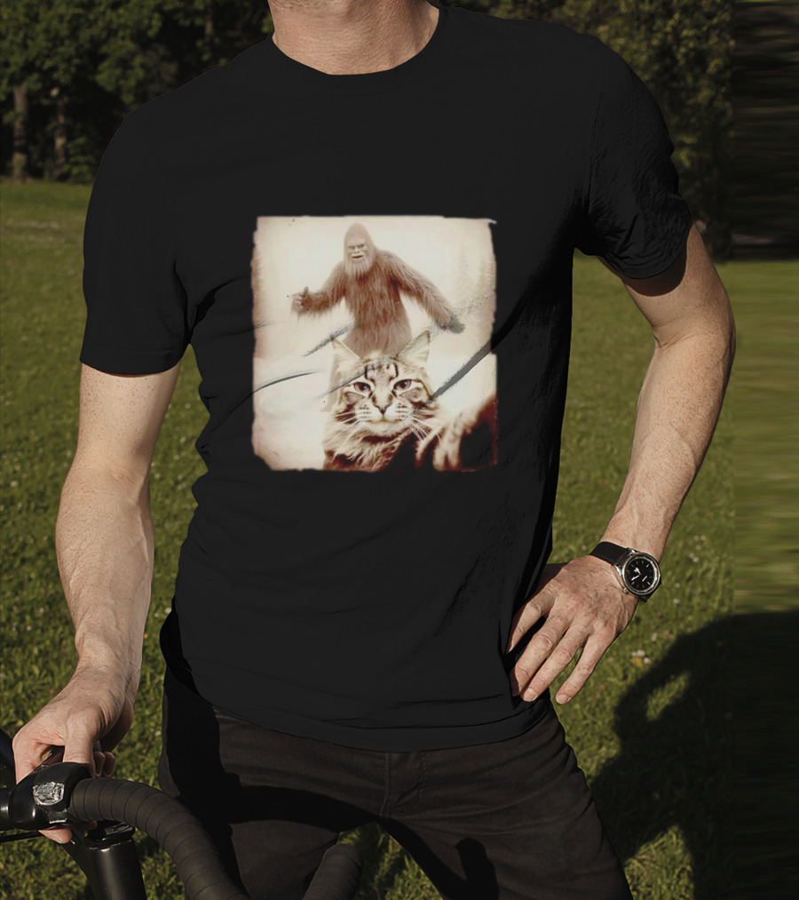 Cat Taking Selfie With Bigfoot In Snowy Forest Scene T-Shirt