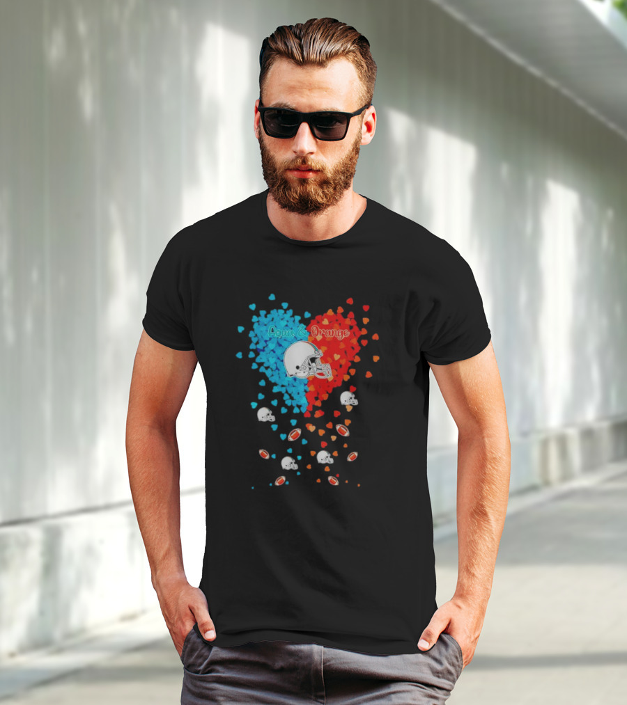 Aqua And Orange Miami Dolphins Hearts And Helmets Football T-Shirt