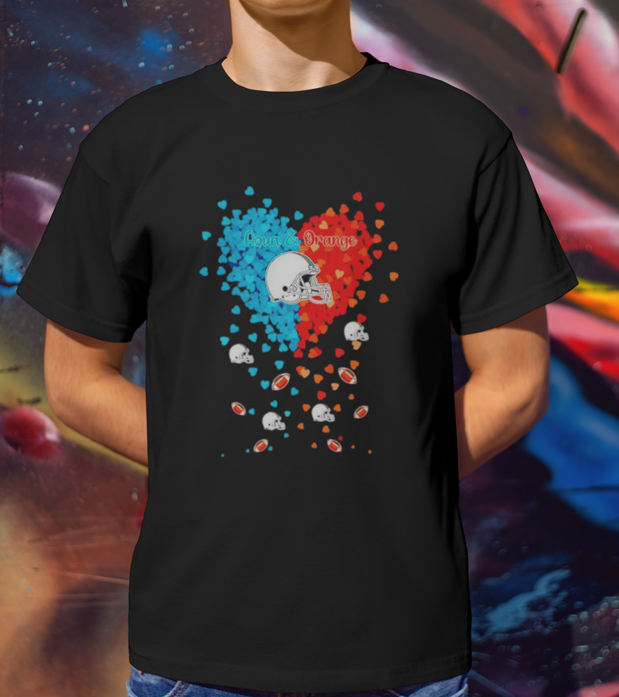Aqua And Orange Miami Dolphins Hearts And Helmets Football T-Shirt