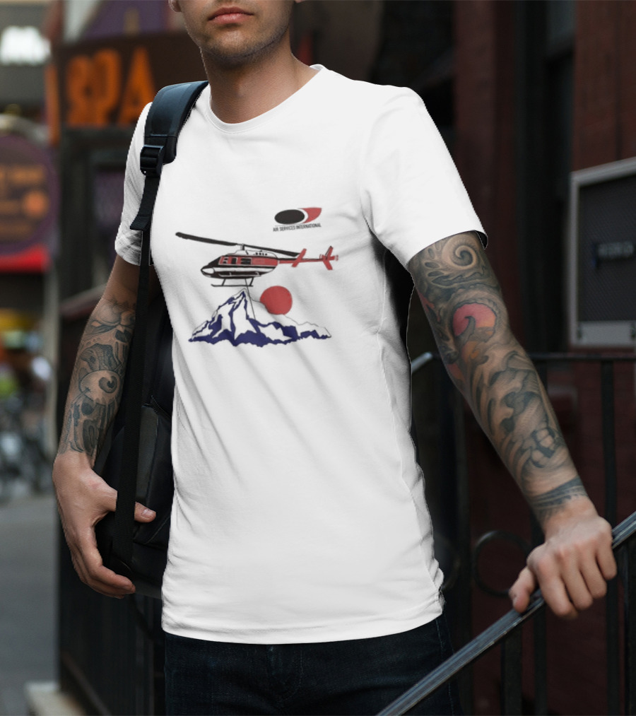 Air Services International Helicopter Over Mountain And Red Sun T-Shirt