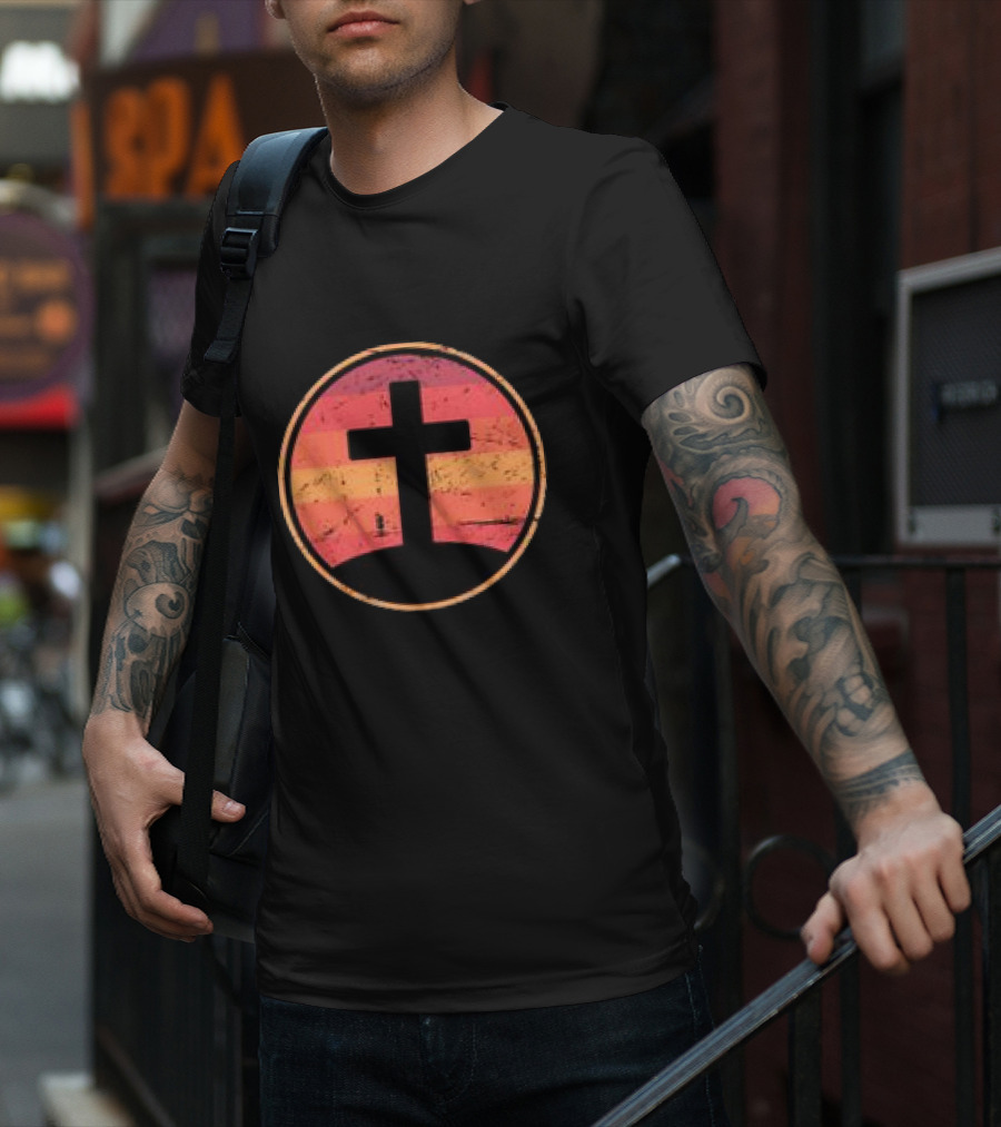Retro Christian Cross Vintage Sunset On Champion T-Shirt