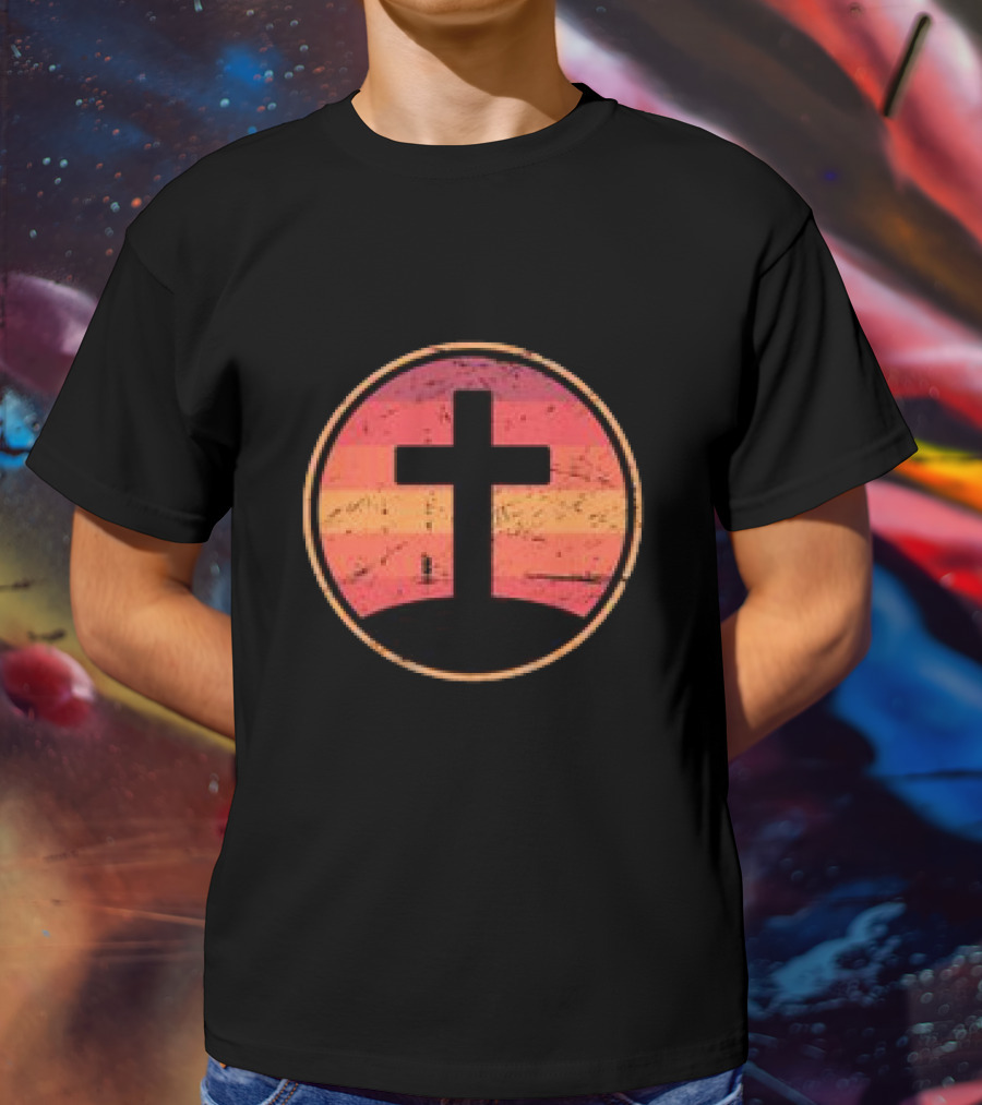 Retro Christian Cross Vintage Sunset On Champion T-Shirt