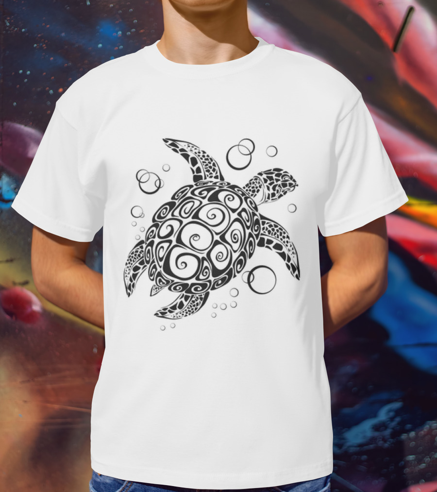 Sea Turtle Tribal Pattern With Bubbles T-Shirt