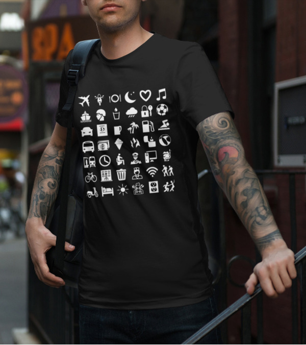 Symbol Travel Icons Airplane Music Bicycle Coffee Mug WiFi Soccer Bed Scooter Sun Plug Adventure T-Shirt