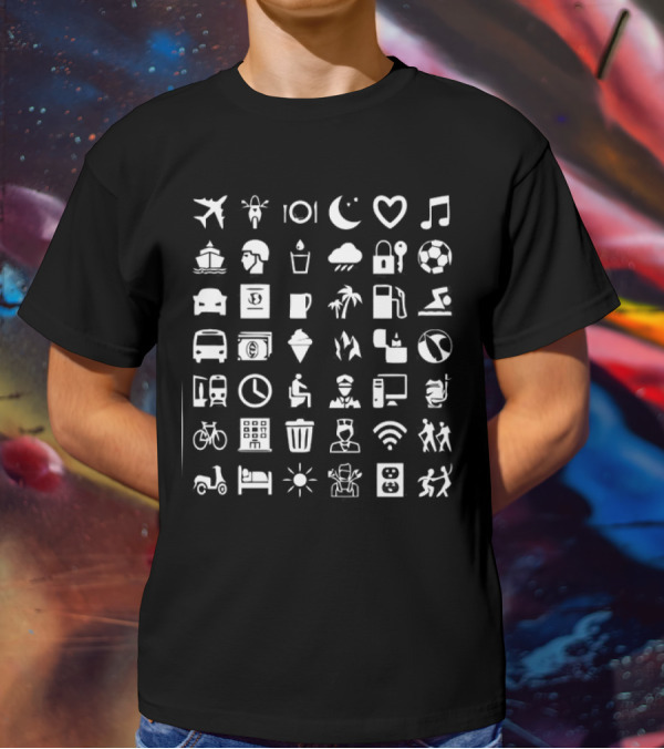 Symbol Travel Icons Airplane Music Bicycle Coffee Mug WiFi Soccer Bed Scooter Sun Plug Adventure T-Shirt