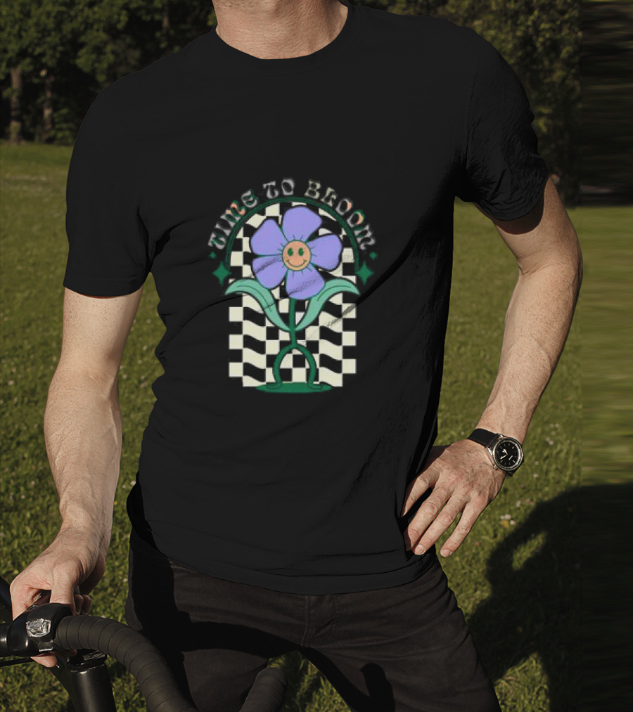 Time To Bloom Flower With Checkerboard Background And Smiley Face T-Shirt