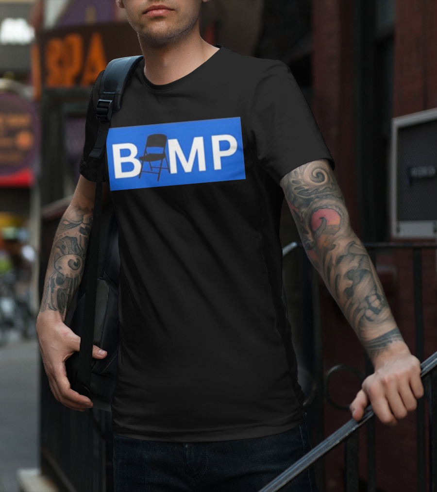 Bump Chair Logo With Folding Chair In Blue Block Letters T-Shirt