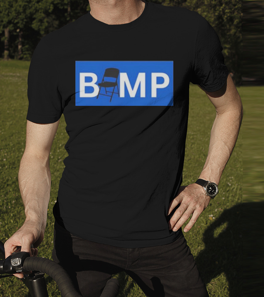 Bump Chair Logo With Folding Chair In Blue Block Letters T-Shirt