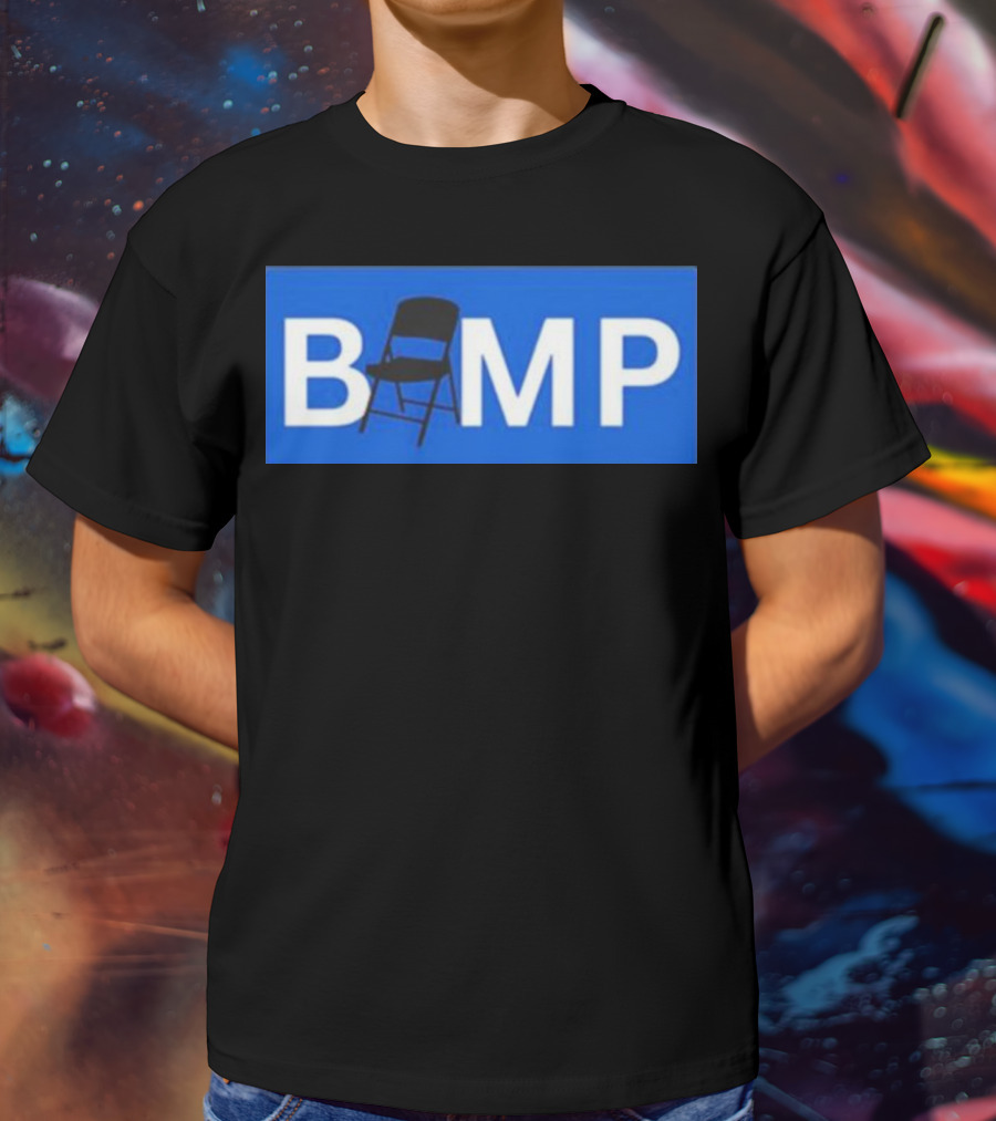 Bump Chair Logo With Folding Chair In Blue Block Letters T-Shirt