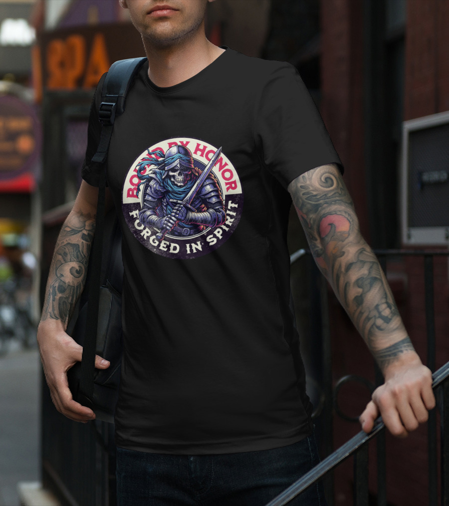 Bound By Honor Forged In Spirit Knight Skull With Sword T-Shirt