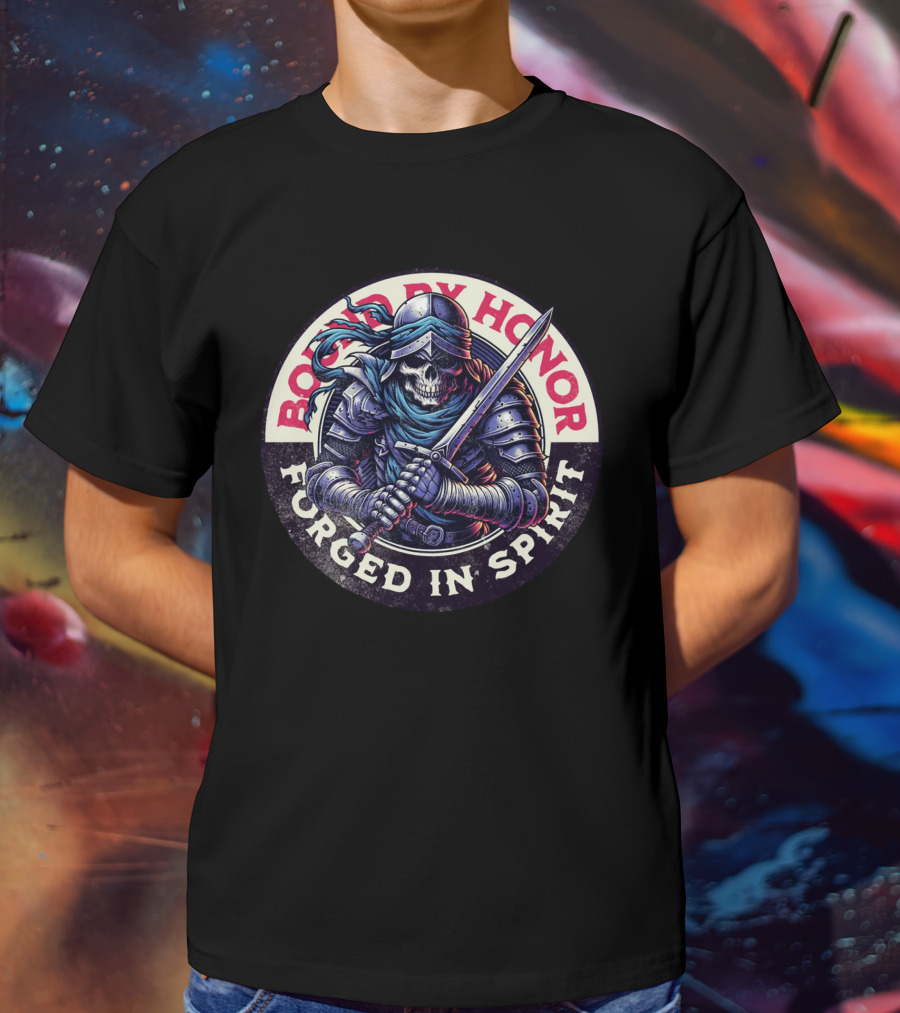 Bound By Honor Forged In Spirit Knight Skull With Sword T-Shirt