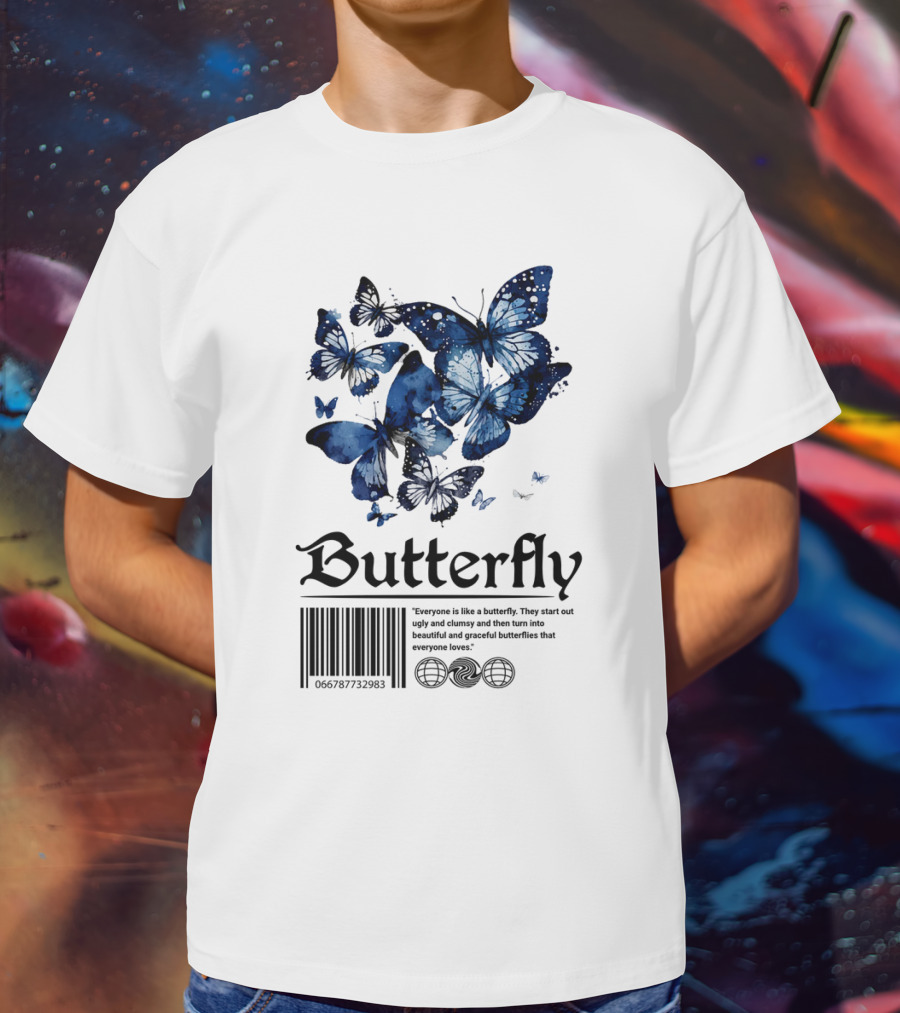 Butterfly Minimal Elegant Blue Watercolor Theme With Graceful Quote And Barcode T-Shirt