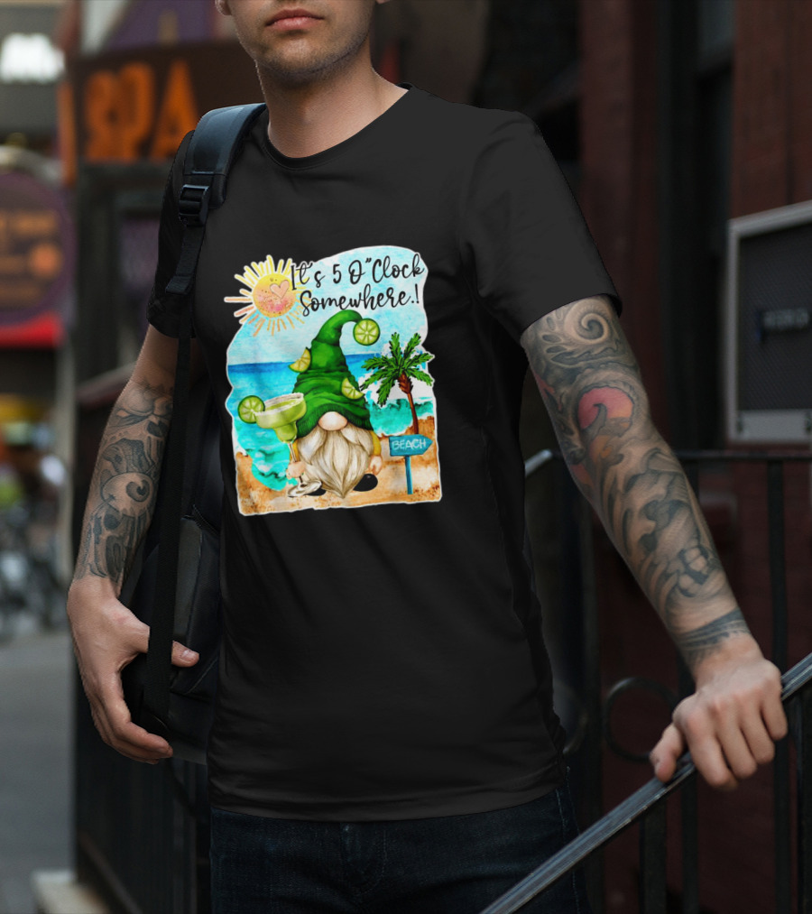 Margarita Gnome It’s 5 O’Clock Somewhere Palm Trees Beach Scene T-Shirt