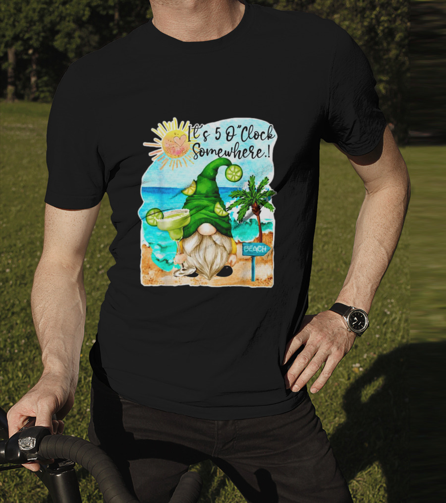 Margarita Gnome It’s 5 O’Clock Somewhere Palm Trees Beach Scene T-Shirt