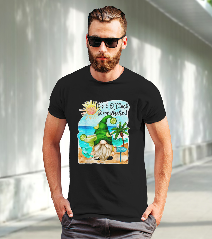 Margarita Gnome It’s 5 O’Clock Somewhere Palm Trees Beach Scene T-Shirt