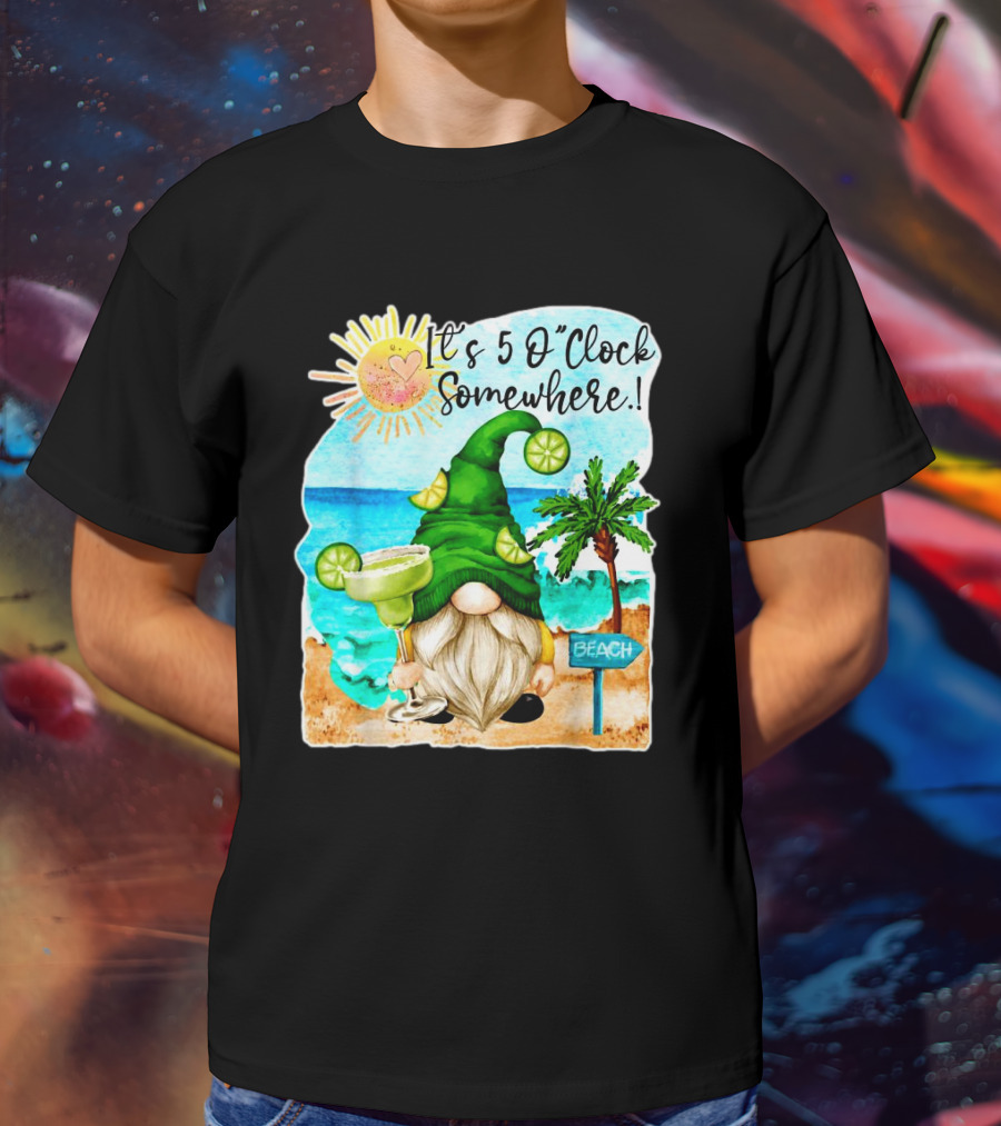Margarita Gnome It’s 5 O’Clock Somewhere Palm Trees Beach Scene T-Shirt