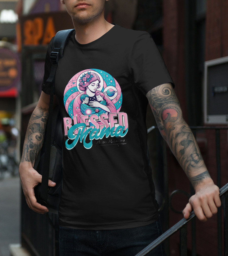 Blessed Mama Cosmic Mother With Children And Floral Halo T-Shirt
