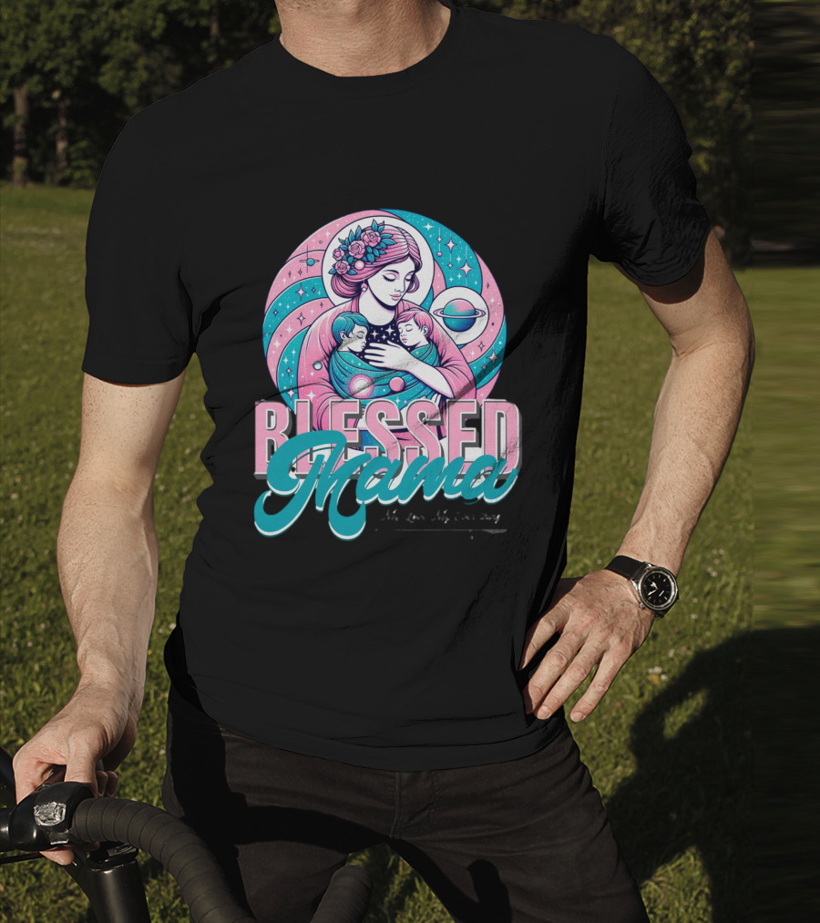Blessed Mama Cosmic Mother With Children And Floral Halo T-Shirt