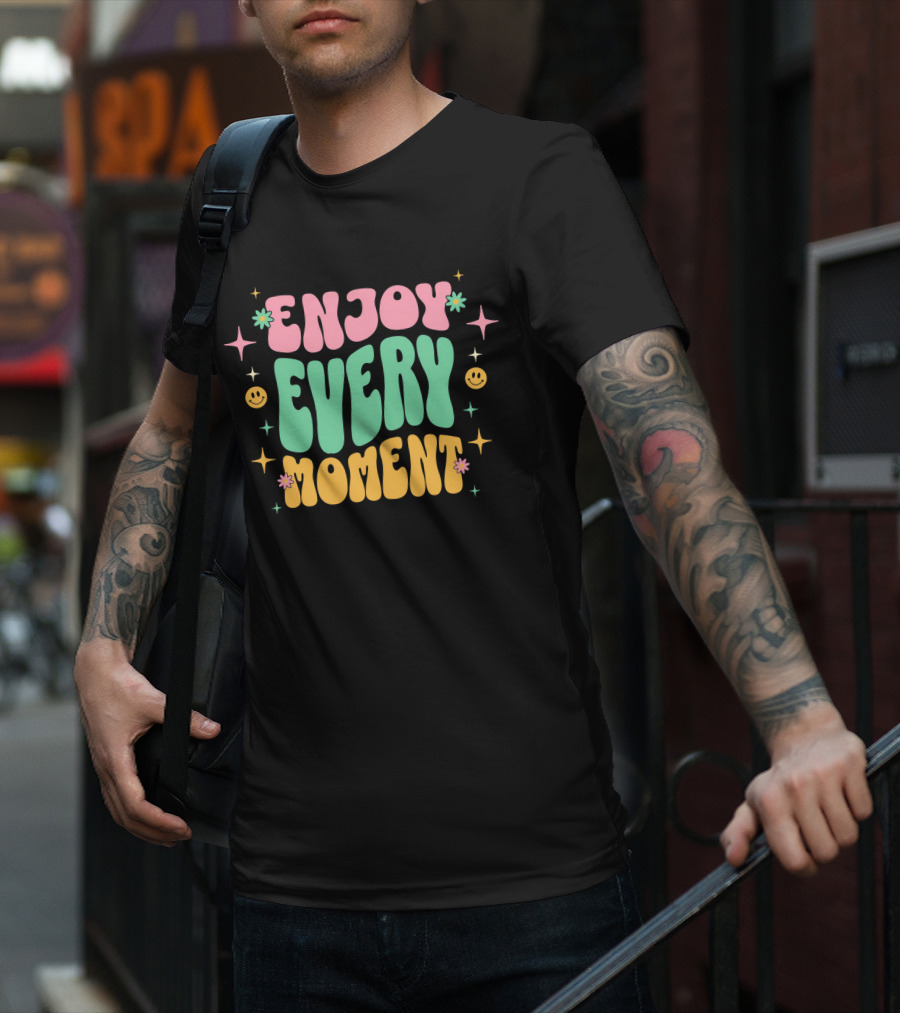 Enjoy Every Moment Retro Smiley Flowers And Stars T-Shirt