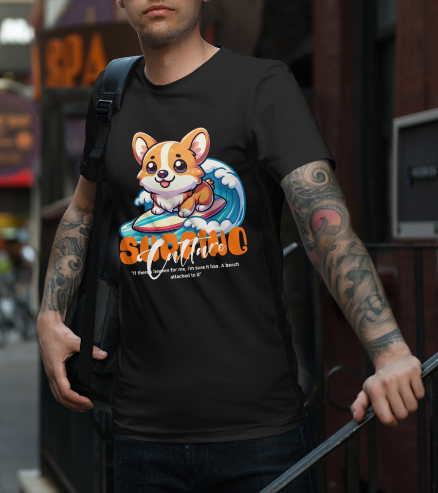 Surfing Culture Corgi On Surfboard With Wave T-Shirt