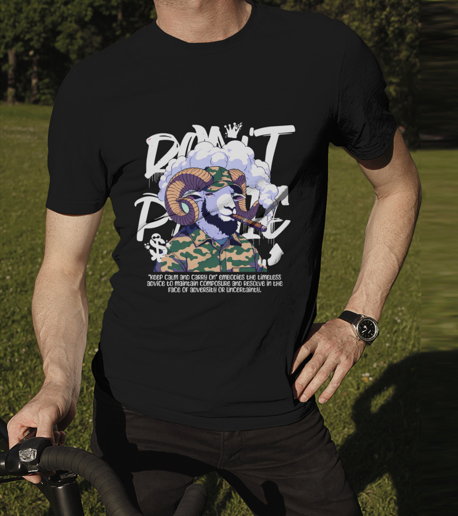Don't Panic Keep Calm And Carry On Ram With Camo And Cigar T-Shirt
