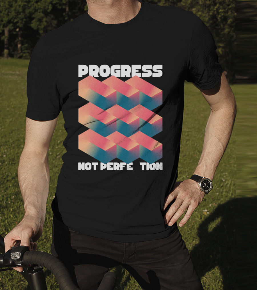 PROGRESS NOT PERFECTION Geometric Illusion 3D Blocks T-Shirt