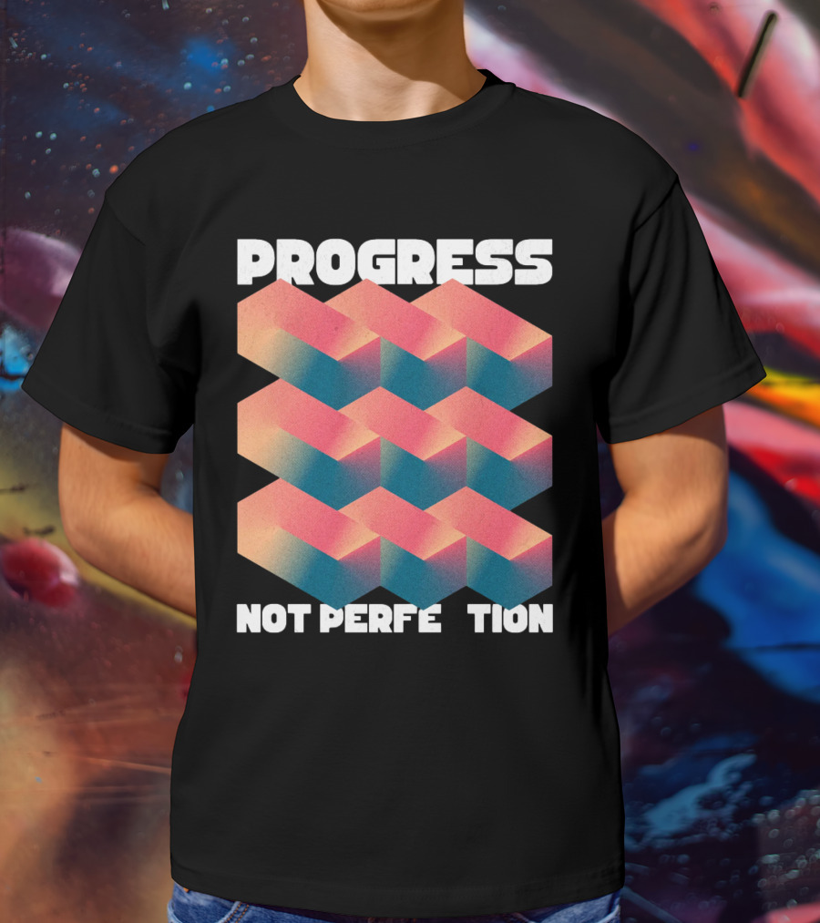 PROGRESS NOT PERFECTION Geometric Illusion 3D Blocks T-Shirt