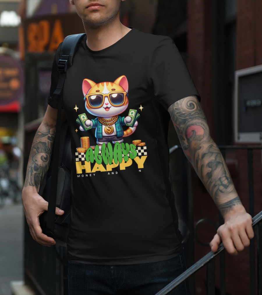Always Happy Money And Fun Cool Cat With Sunglasses And Cash T-Shirt