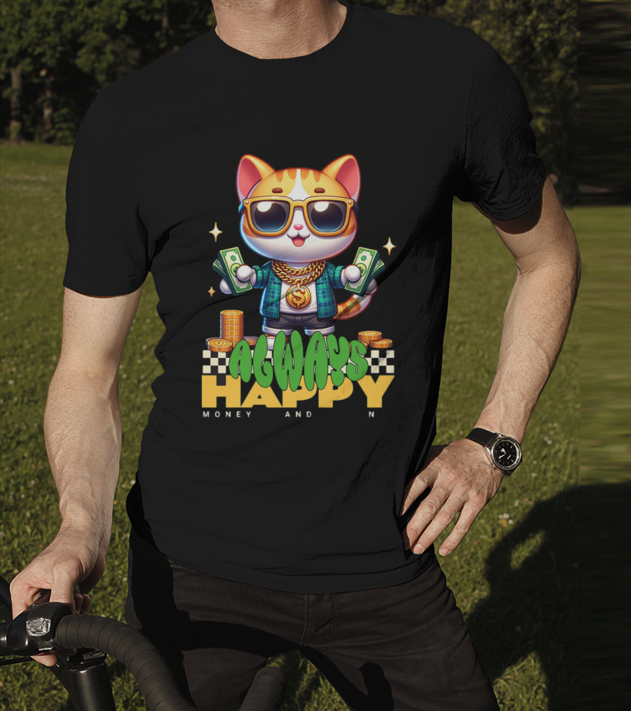 Always Happy Money And Fun Cool Cat With Sunglasses And Cash T-Shirt