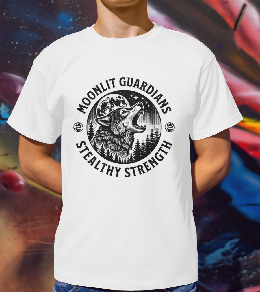 Moonlit Guardians Stealthy Strength Wolf Under Moon And Stars T-Shirt