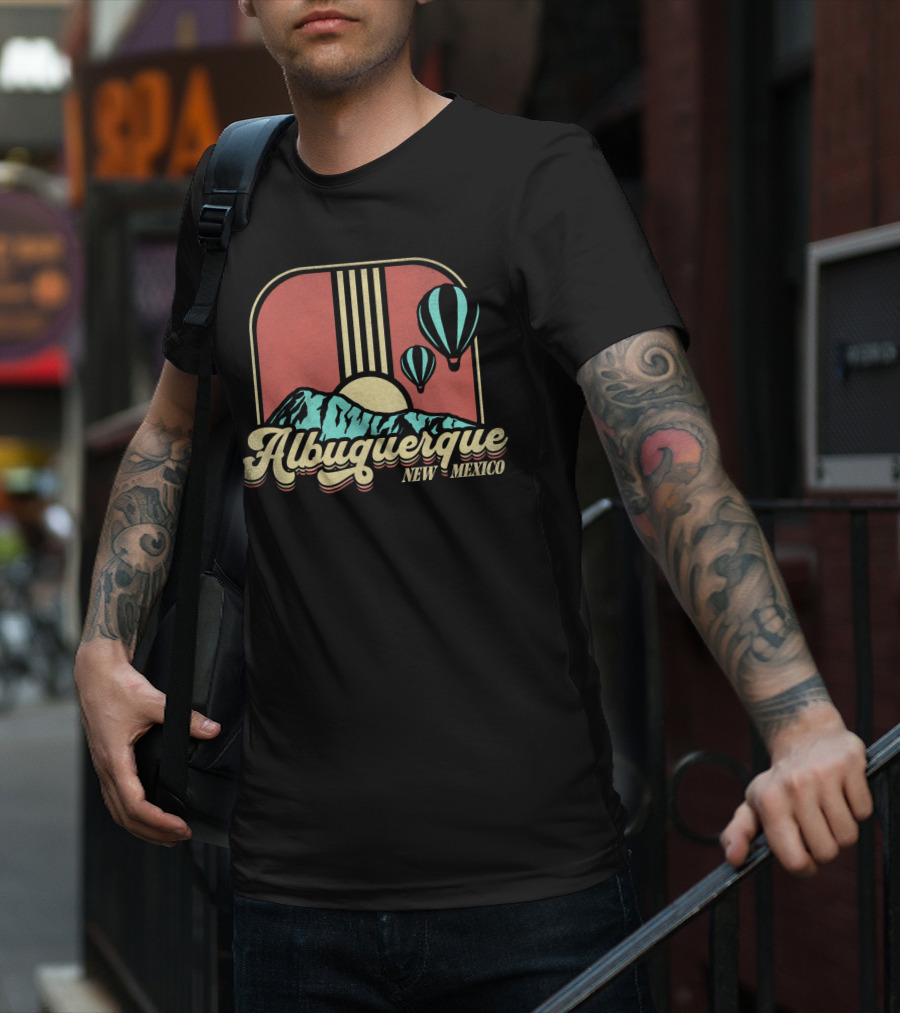 Albuquerque New Mexico Hot Air Balloon Retro Vintage Mountains Sunburst T-Shirt