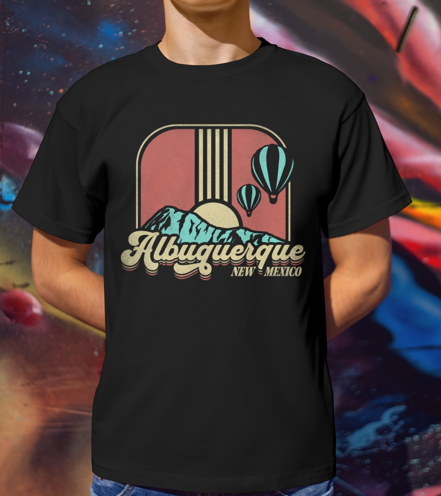 Albuquerque New Mexico Hot Air Balloon Retro Vintage Mountains Sunburst T-Shirt