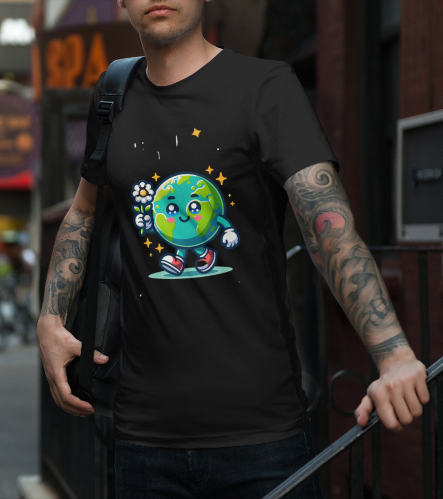 Be Kind To Our Planet And To Others Cute Earth Character With Flower And Stars T-Shirt