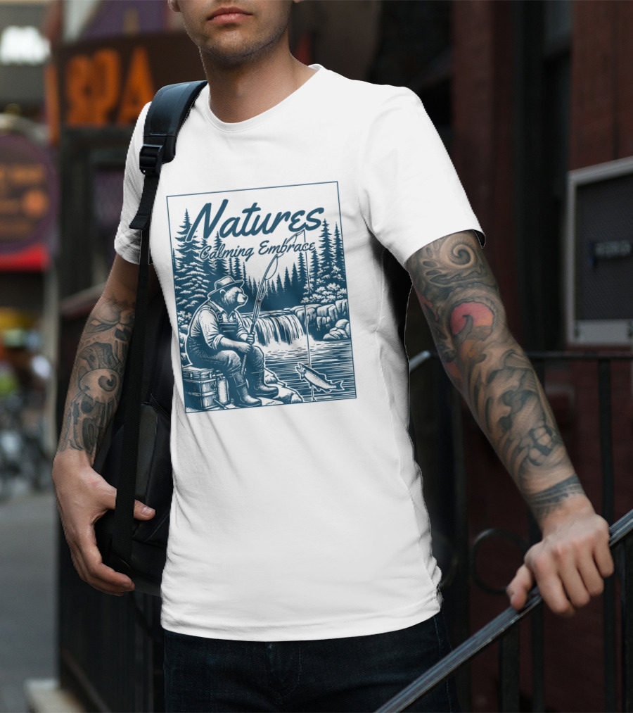 Natures Calming Embrace Bear Fishing By Waterfall T-Shirt