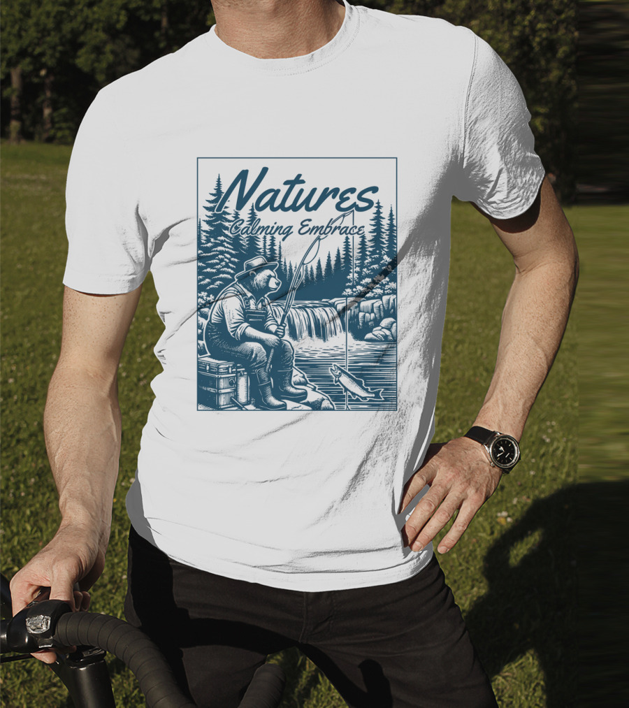 Natures Calming Embrace Bear Fishing By Waterfall T-Shirt