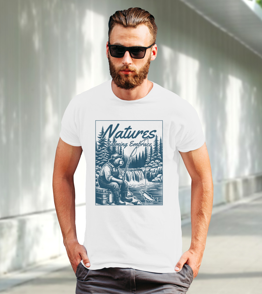 Natures Calming Embrace Bear Fishing By Waterfall T-Shirt