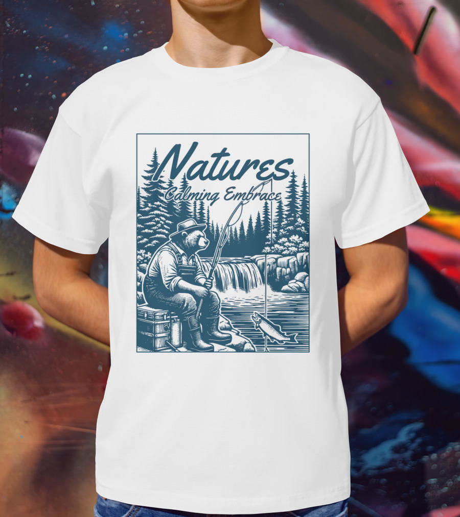 Natures Calming Embrace Bear Fishing By Waterfall T-Shirt