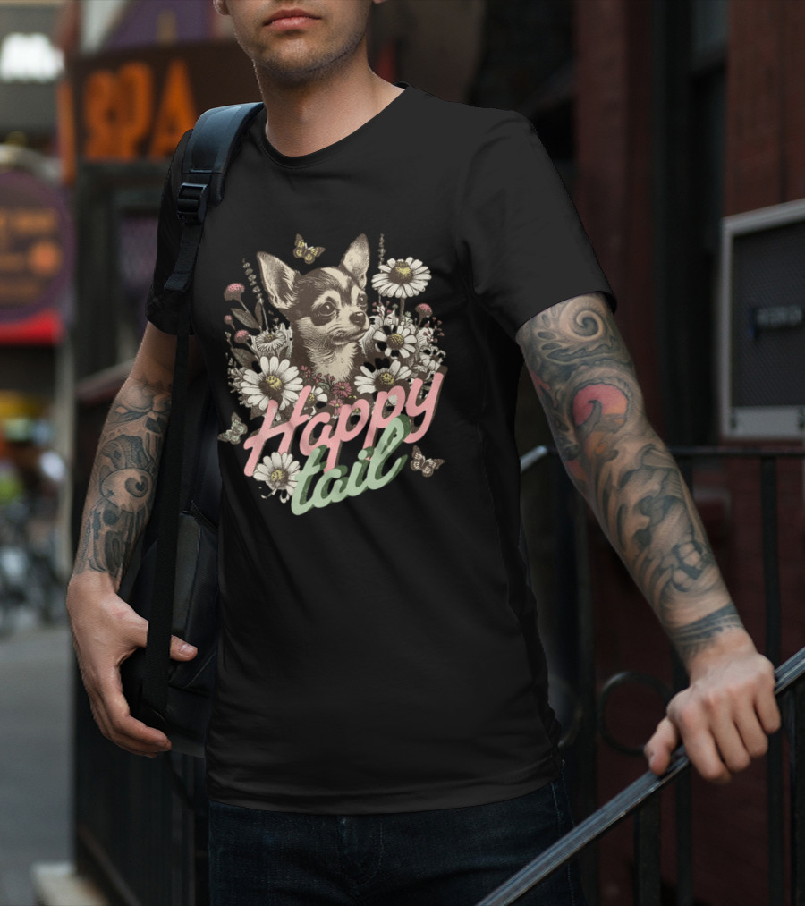 Chihuahua Dog Happy Tail Among Vintage Flowers With Butterflies T-Shirt