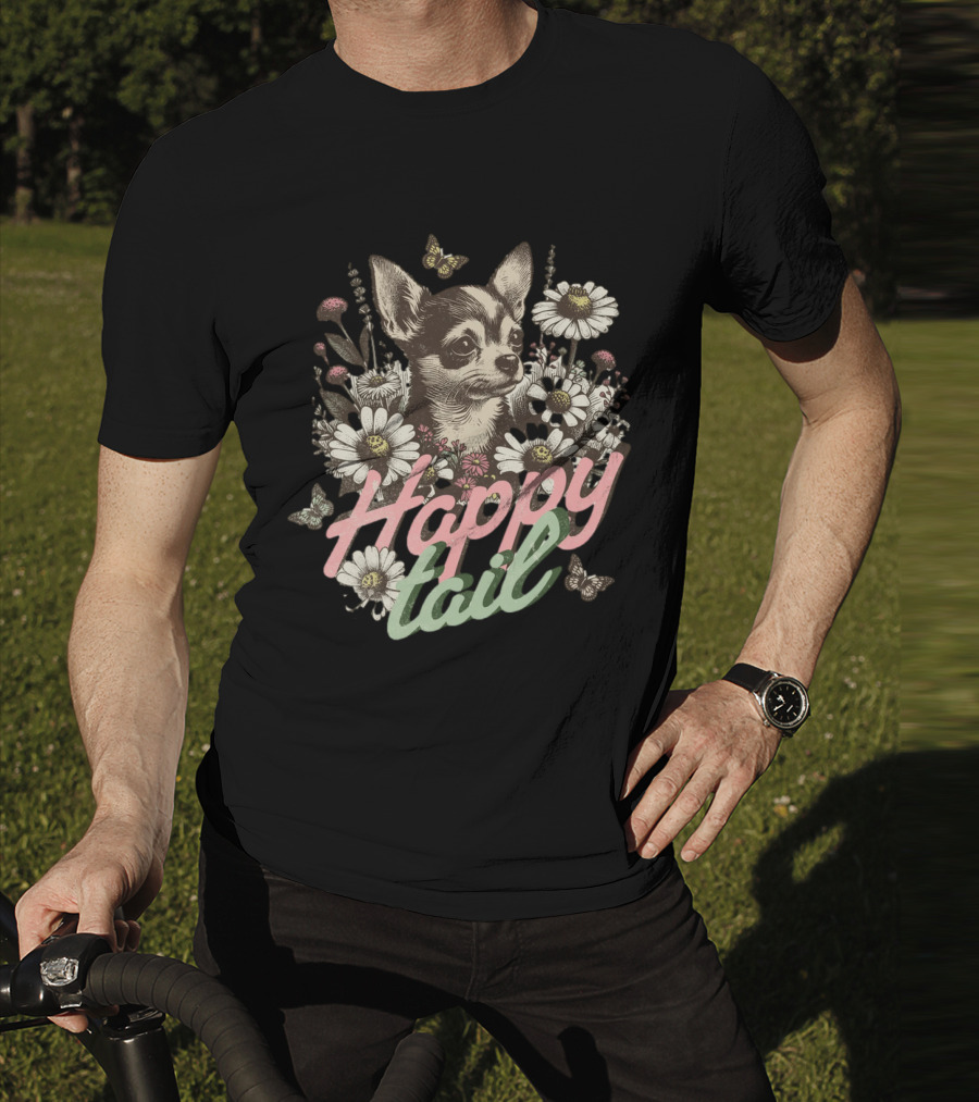 Chihuahua Dog Happy Tail Among Vintage Flowers With Butterflies T-Shirt