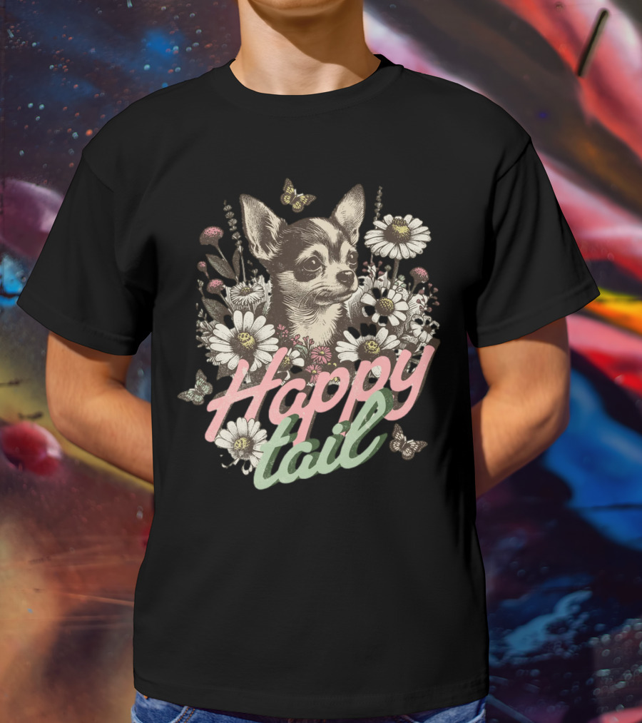 Chihuahua Dog Happy Tail Among Vintage Flowers With Butterflies T-Shirt