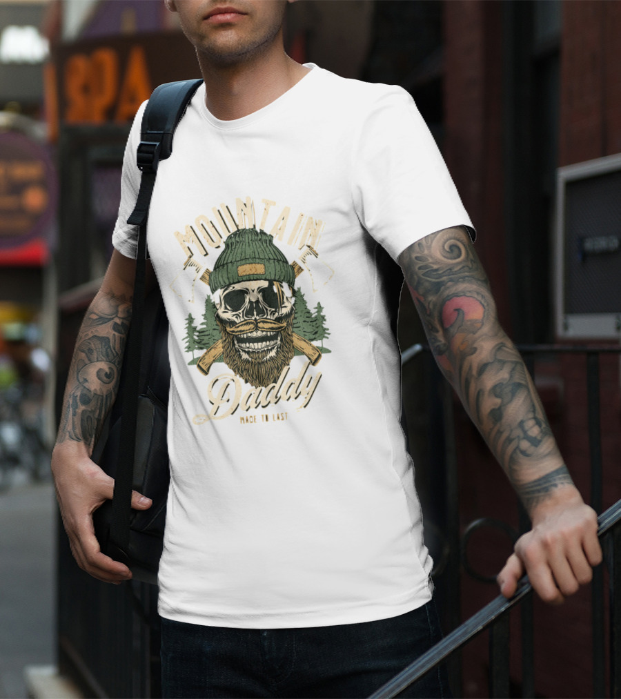 Mountain Daddy Made To Last Bearded Skull With Axes And Trees T-Shirt