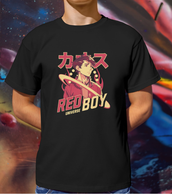 Red Boy Universe Anime Style Japanese Text Planet Ring T-Shirt