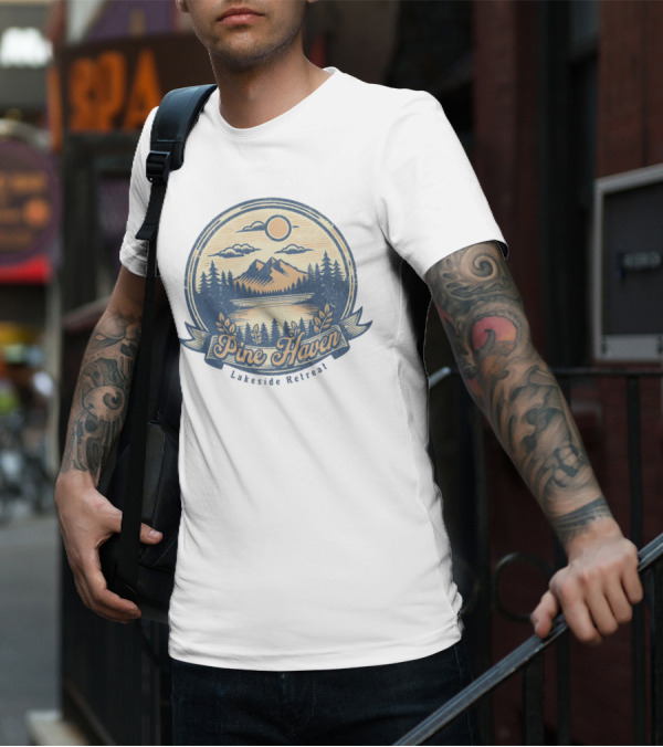 Pine Haven Lakeside Retreat Scenic Mountain Forest Vintage Emblem T-Shirt