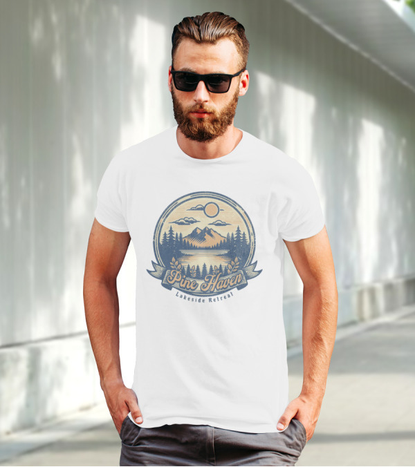 Pine Haven Lakeside Retreat Scenic Mountain Forest Vintage Emblem T-Shirt